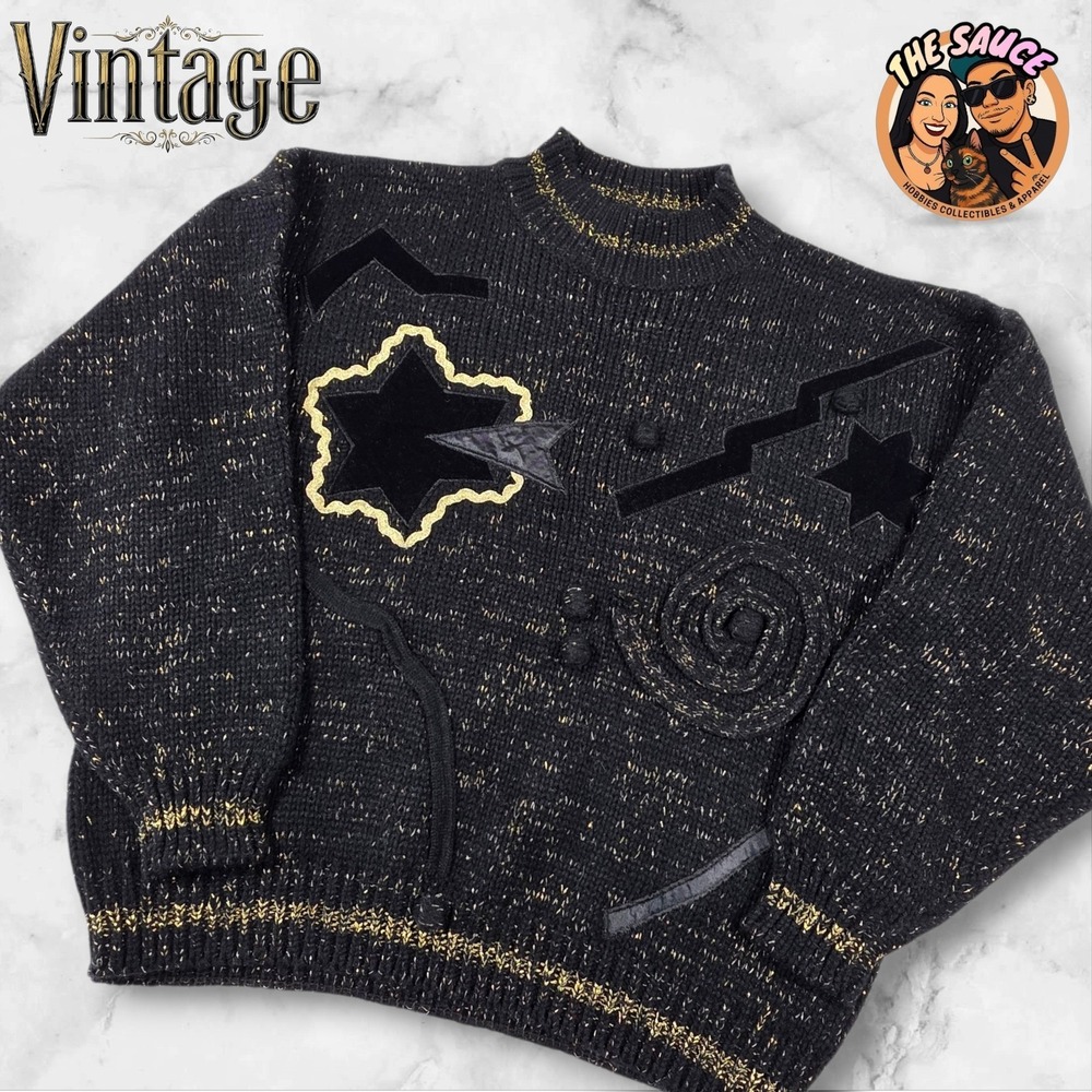 Vintage‎ 80s Celestial Gold Sparkle Velvet Sweater Womens Large Star Retro Party